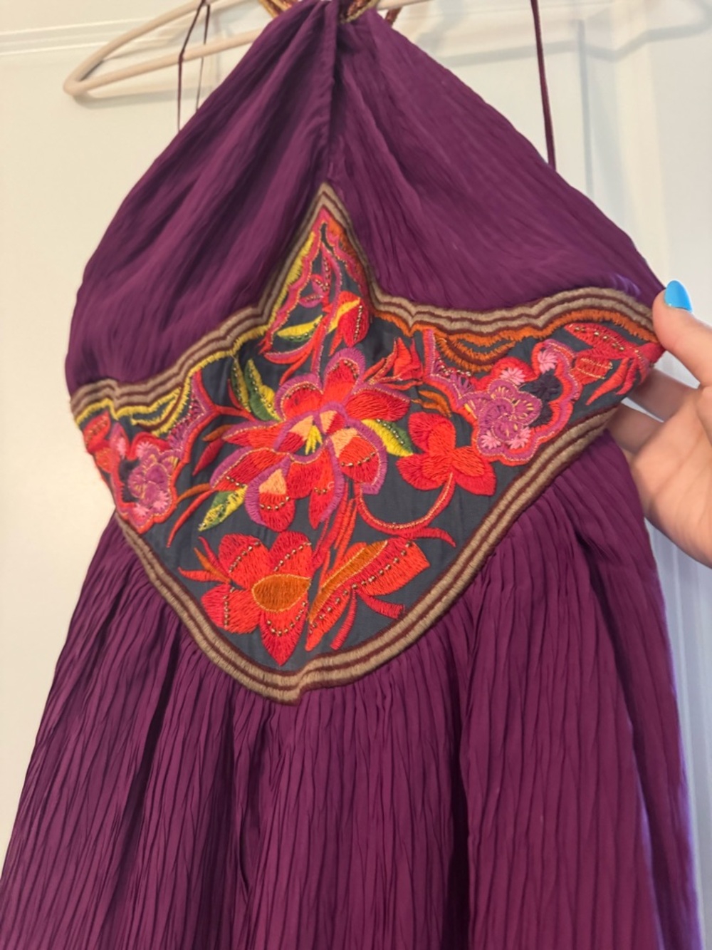 Free People Purple Halter Dress with Colorful Embroidered Front Panel - Picture 3 of 8